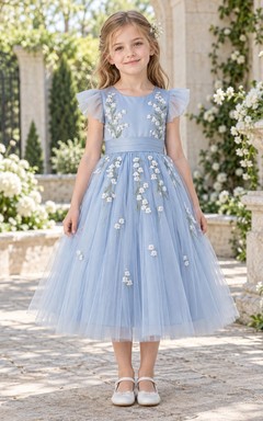 Tea-length Steel Blue Flutter Sleeve Floral Trail Tulle A-line Flower Girl Dress