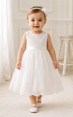 Sleeveless Baptism Dress A-Line Lace Tulle Jewel Neck Knee-Length