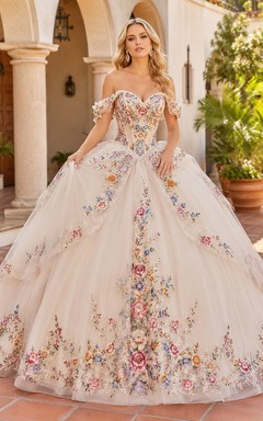 Ivory Multicolor Off Shoulder Floral Embroidered Tulle Quinceanera Princess Formal Ball Gown
