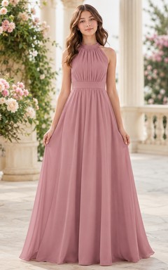 Brautjungfernkleid in Altrosa, A-Linie, hoher Kragen, ärmellos