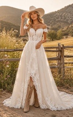 Robe de mariée champêtre en tulle et dentelle, coupe trapèze, épaules dénudées, traîne chapelle et dos corset lacé fendu