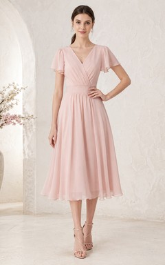 Blush V Neck Flutter Sleeve Chiffon Tea Length Party Dress