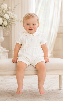 White Cross Embroidered Long Sleeve Christening Bubble Romper for Baby Boy