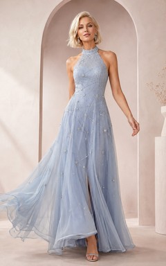 Sky Blue Halter High-Neck Celestial Sequined Tulle Deep-V Formal Prom Gown