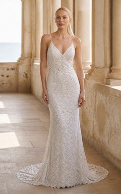 Vestido de novia largo hasta el suelo, sexy, brillante, de tirantes finos, escote en V y sin mangas.