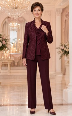 Burgunderfarbener, taillierter Hosenanzug mit geradem Bein, geradem Bein, tailliertem Blazer mit langen Ärmeln und drapiertem Wasserfallkragen im Vintage-Stil für die Mutter der Braut.