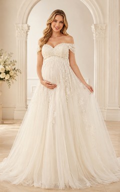 Robe de mariée de luxe en tulle, longue jusqu'au sol, épaules dénudées et manches courtes, style princesse, idéale pour la maternité.
