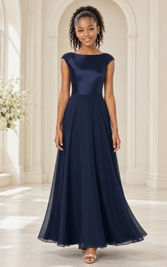 Dunkelblaues Brautjungfernkleid für junge Mädchen, A-Linie, U-Boot-Ausschnitt, ärmellos, Satin, schlicht und elegant