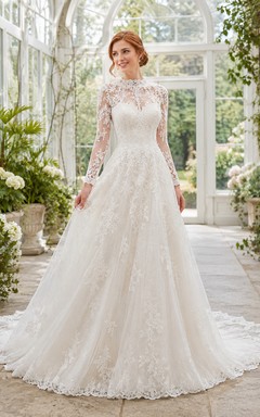 Bescheidenes, hochgeschlossenes Brautkleid mit langen Illusionsärmeln, floraler Spitze, A-Linie und Kapellenschleppe