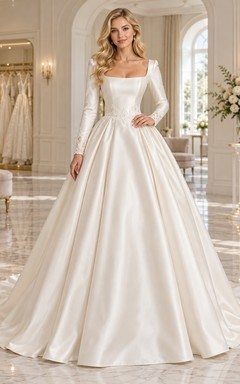 Square Neck Long Sleeve Satin Full Ball Gown Wedding Dress