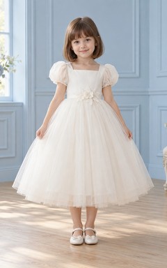 Modest Square Neck Tea-length Ivory Puff Sleeve Floral Tulle Flower Girl Dress