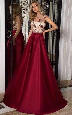 A-Linien-Abendkleid aus Satin mit kurzen Ärmeln, Schnürung am Rücken und Applikationen