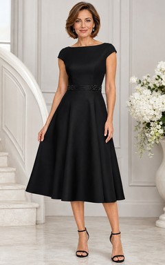 Elegant Black Bateau Cap Sleeve Beaded Satin A-Line Tea-Length Cocktail Dress