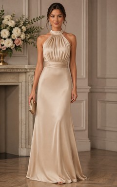 Champagne Halter Satin Sheath Bridesmaid Dress