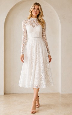 Modest White Tea-Length High Neck Long Sleeve Lace Guest Dress