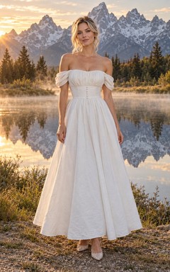Vestido de novia sencillo de popelina de algodón con escote Bardot, mangas cortas y fruncido, largo hasta los tobillos y corte en A.