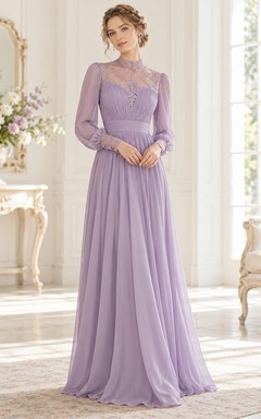 Vestido de dama de honor vintage de gasa con encaje lavanda, cuello alto y manga larga