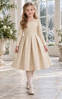 Champagne Square Neck Long Sleeve Box Pleat Flower Girl Dress