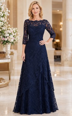 Navy lace illusion long sleeve mermaid mother formal gown