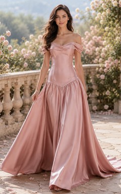 Robe de mariée courte en satin rose poudré, épaules dénudées, taille basse et coupe trapèze
