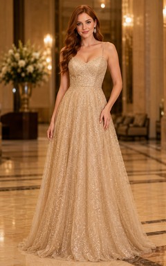 Vestido de corte A de tul brillante con tirantes finos color champán