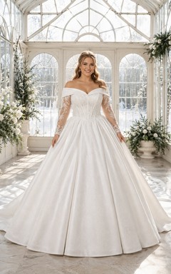 Plus Size Langarm-Satin-Ballkleid mit schulterfreiem Ausschnitt – Winterhochzeitskleid