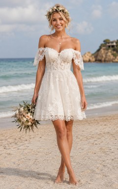 Ivory Short/Mini Off-the-shoulder Lace A-line Wedding Dress with Lace