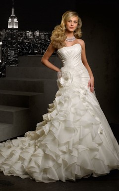 A-Line Maxi Strapless Sleeveless Lace-Up Organza Bridal Dress With Cascading Ruffles And Flower