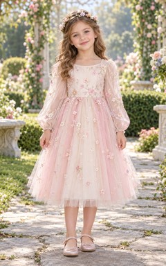 Märchenhaftes, langärmeliges, rosafarbenes Blumenkleid mit Rundhalsausschnitt aus Tüll für Blumenmädchen