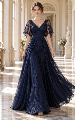 Dark Navy Gothic V-neck Flutter Sleeve Lace Evening Gown