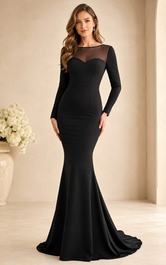 Vestido formal largo de crepé negro con escote barco y mangas ilusión, estilo sirena.