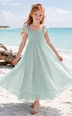 Mintgrünes, gerafftes Tüll-Blumenmädchenkleid