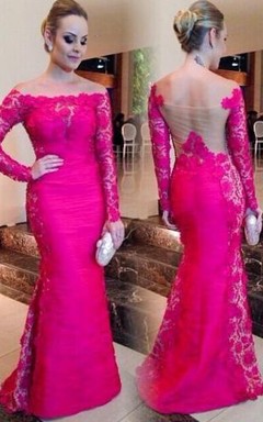 Neuestes fuchsiafarbenes Meerjungfrauen-Abendkleid mit langen Ärmeln und schulterfreiem Spitzeneinsatz
