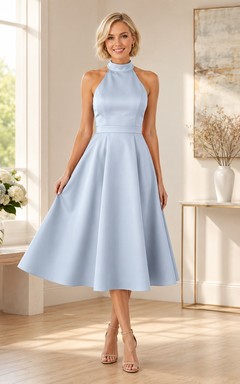 Sky Blue High Neck Sleeveless Satin A-Line Tea Dress