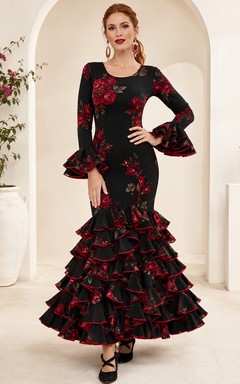 Robe flamenco à imprimé roses noires et rouges, col rond, manches longues évasées, coupe sirène à volants, longueur cheville