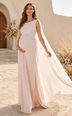 Vestido de novia de maternidad sencillo, estilo imperio, color rosa empolvado, largo hasta el suelo, con capa.