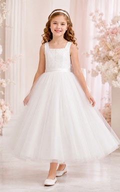 Teelanges Kleid mit quadratischem Ausschnitt, Tüllschleife, für Kommunion, Blumenmädchen, Kommunionkleid