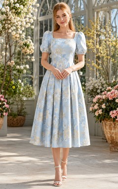 Robe mi-longue à fleurs bleues, col carré et manches bouffantes, encolure carrée.