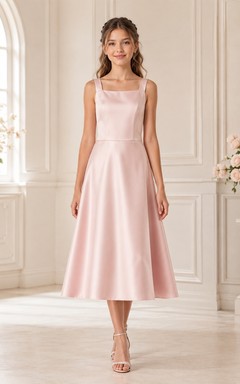 Modernes, ärmelloses, perlmuttrosa Satin-Brautjungfernkleid in A-Linie und Teelänge