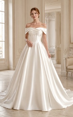Robe de bal élégante en satin à épaules dénudées et traîne chapelle