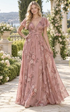 Vestido de dama de honor de gasa color rosa empolvado con escote en V, mangas con volantes y corte en A, largo hasta el suelo.
