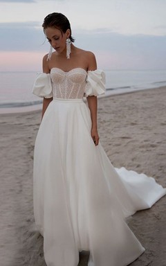 Boho-Hochzeitskleid mit schulterfreiem Korsett und abnehmbaren Ärmeln