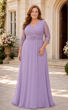 MOB Dress Wisteria Chiffon Lace A-Line 3/4 Sleeve V-Neck Floor Length Pleated