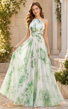 Floral Mint Green Prom Chiffon V-Neck Sleeveless A-Line Dress
