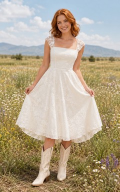 Western Country Simple Casual A-Line Lace Satin Wedding Dress with Square Neck Cap Sleeves Short Sleeve Tea-Length Knee-Length