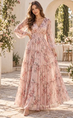 Vestido de invitada de boda de gasa rosa empolvado con mangas largas y estampado floral estilo bohemio, color rosa rubor, con volantes y diseño escalonado.