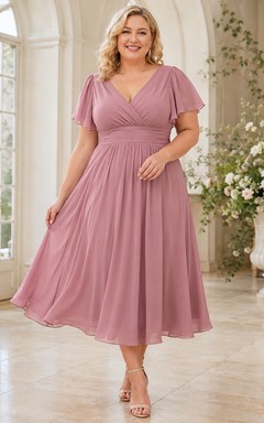 Dusty Rose Plus Size V Neck Flutter Sleeve Chiffon Tea Length A Line Occasion Dress