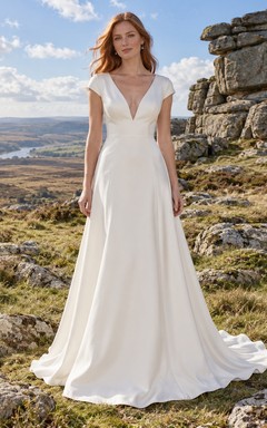 Vestido de novia sencillo de corte A con escote en V, manga corta y cola de satén
