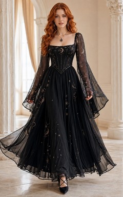 Black Square-Neck Long-Sleeve Lace Tulle A-Line Floor-length Bell-Sleeve Beaded Formal Gown