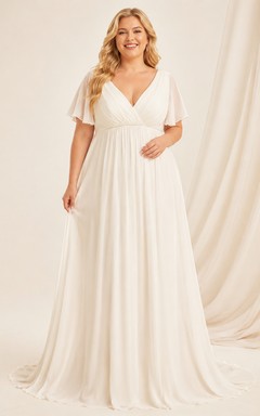Vestido de novia de gasa de talla grande con cintura imperio y mangas con volantes
